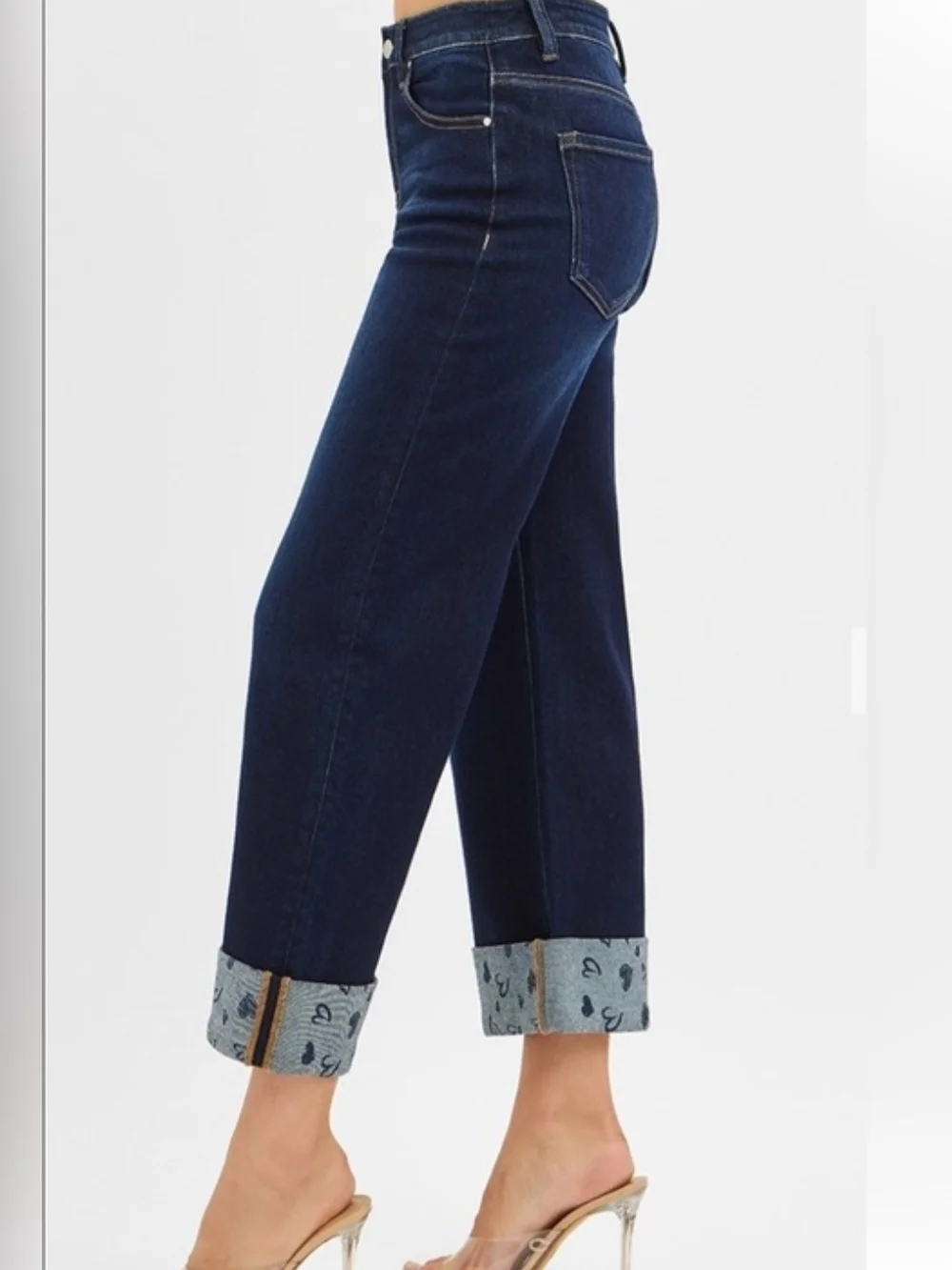 Risen Crop Wide Leg Dark Blue Jeans with Cuffed Heart-Print Hem
